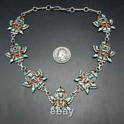 Vintage 1950s ZUNI Sterling Silver TURQUOISE CORAL JET Knifewing Inlay NECKLACE