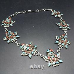 Vintage 1950s ZUNI Sterling Silver TURQUOISE CORAL JET Knifewing Inlay NECKLACE
