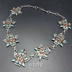 Vintage 1950s ZUNI Sterling Silver TURQUOISE CORAL JET Knifewing Inlay NECKLACE