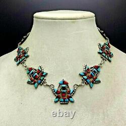 Vintage 1950s ZUNI Sterling Silver TURQUOISE CORAL JET Knifewing Inlay NECKLACE