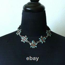 Vintage 1950s ZUNI Sterling Silver TURQUOISE CORAL JET Knifewing Inlay NECKLACE