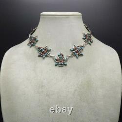 Vintage 1950s ZUNI Sterling Silver TURQUOISE CORAL JET Knifewing Inlay NECKLACE