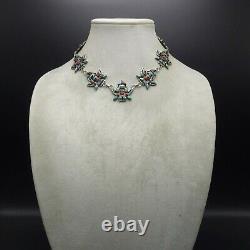 Vintage 1950s ZUNI Sterling Silver TURQUOISE CORAL JET Knifewing Inlay NECKLACE