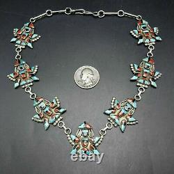 Vintage 1950s ZUNI Sterling Silver TURQUOISE CORAL JET Knifewing Inlay NECKLACE