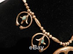 Vintage 1960s NAVAJO Sand Cast Silver Naja & Turquoise SQUASH BLOSSOM Necklace