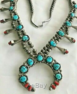 Vintage 1960s Navajo Sterling Turquoise and Coral Squash Blossom Necklace