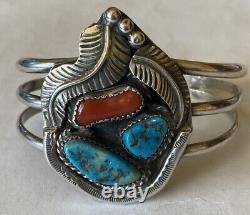 Vintage 1970's Navajo Sterling Silver Turquoise And Coral Cuff Bracelet