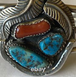 Vintage 1970's Navajo Sterling Silver Turquoise And Coral Cuff Bracelet