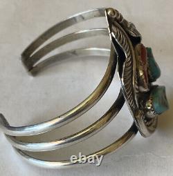 Vintage 1970's Navajo Sterling Silver Turquoise And Coral Cuff Bracelet