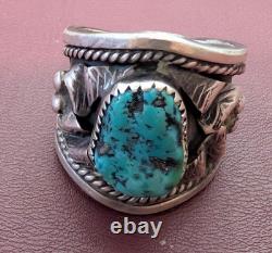 Vintage 1970s Navajo Sterling Silver Turquoise Ring Sz 9.5 Handmade Southwest