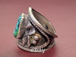 Vintage 1970s Navajo Sterling Silver Turquoise Ring Sz 9.5 Handmade Southwest