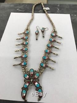 Vintage 24 Sterling Silver Squash Blossom Necklace And Matching Earrings