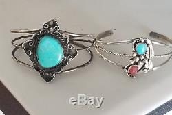 Vintage 2 Navajo Sterling Silver 925 Turquoise and Coral Stone Cuff Bracelet