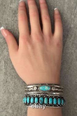 Vintage 30's Native American Navajo Turquoise Carinated Rope Sterling Bracelet