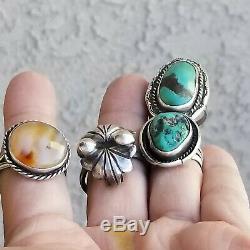 Vintage 3 Native American Sterling Silver 925 Turquoise Agate 1 Taxco Rings Lot