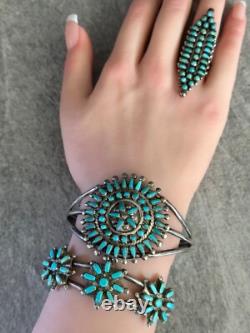 Vintage 40s Native American Zuni Petit point Turquoise Cluster Sterling Bracelet