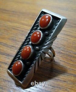 Vintage 4 Stone Red Coral Native American Chris Tom Sterling Ring Jewelry Sz 9.5