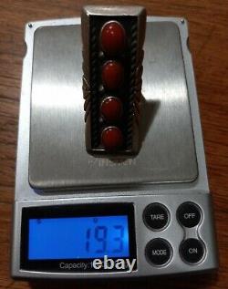 Vintage 4 Stone Red Coral Native American Chris Tom Sterling Ring Jewelry Sz 9.5