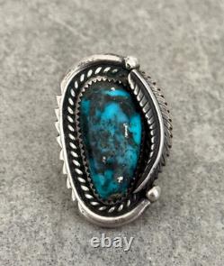 Vintage 70s Native American Navajo HIGH Grade MORENCI Turquoise Sterling RING 8