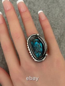 Vintage 70s Native American Navajo HIGH Grade MORENCI Turquoise Sterling RING 8