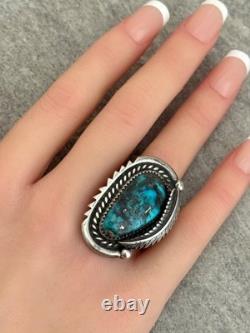 Vintage 70s Native American Navajo HIGH Grade MORENCI Turquoise Sterling RING 8