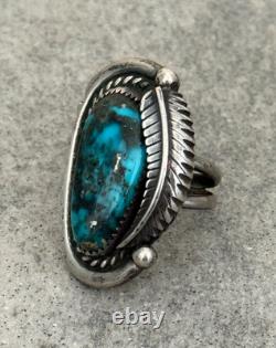Vintage 70s Native American Navajo HIGH Grade MORENCI Turquoise Sterling RING 8