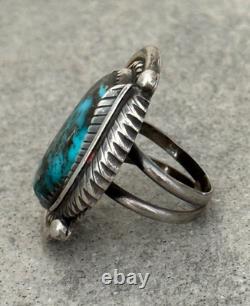 Vintage 70s Native American Navajo HIGH Grade MORENCI Turquoise Sterling RING 8