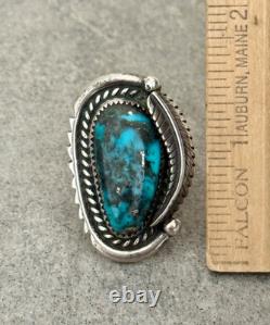 Vintage 70s Native American Navajo HIGH Grade MORENCI Turquoise Sterling RING 8