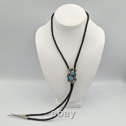 Vintage 925 Sterling Silver Native American Turquoise Leaves & Swirls Bolo Tie