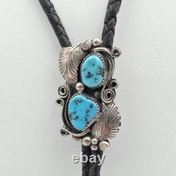 Vintage 925 Sterling Silver Native American Turquoise Leaves & Swirls Bolo Tie