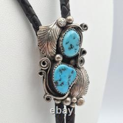 Vintage 925 Sterling Silver Native American Turquoise Leaves & Swirls Bolo Tie