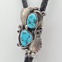 Vintage 925 Sterling Silver Native American Turquoise Leaves & Swirls Bolo Tie