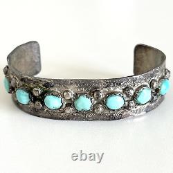 Vintage 925 Sterling Silver Turquoise Native American Etched Cuff Bracelet 6.5