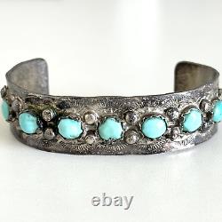 Vintage 925 Sterling Silver Turquoise Native American Etched Cuff Bracelet 6.5