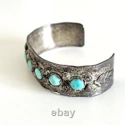 Vintage 925 Sterling Silver Turquoise Native American Etched Cuff Bracelet 6.5