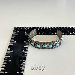 Vintage 925 Sterling Silver Turquoise Native American Etched Cuff Bracelet 6.5