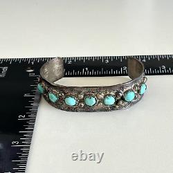 Vintage 925 Sterling Silver Turquoise Native American Etched Cuff Bracelet 6.5