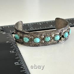 Vintage 925 Sterling Silver Turquoise Native American Etched Cuff Bracelet 6.5