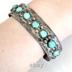 Vintage 925 Sterling Silver Turquoise Native American Etched Cuff Bracelet 6.5