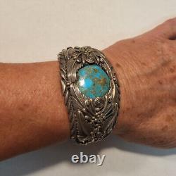Vintage ADC Sterling Silver Hand Made Navajo Wide Turquoise Cuff Bracelet