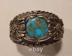 Vintage ADC Sterling Silver Hand Made Navajo Wide Turquoise Cuff Bracelet