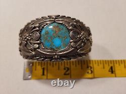 Vintage ADC Sterling Silver Hand Made Navajo Wide Turquoise Cuff Bracelet