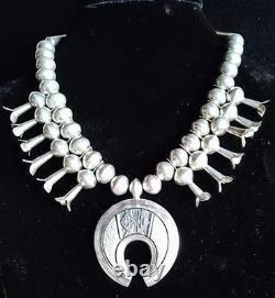Vintage Al Joe Navajo Native American Sterling Silver Squash Blossom Necklace