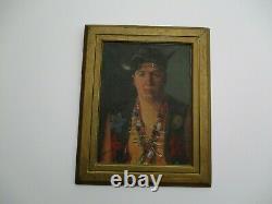 Vintage Antique Oil Painting Portrait Of A Native American Indian With Jewelry