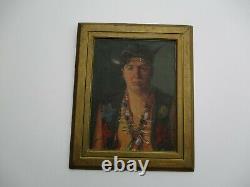 Vintage Antique Oil Painting Portrait Of A Native American Indian With Jewelry