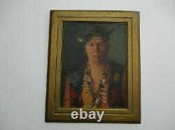 Vintage Antique Oil Painting Portrait Of A Native American Indian With Jewelry