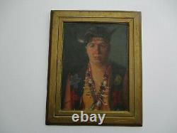 Vintage Antique Oil Painting Portrait Of A Native American Indian With Jewelry