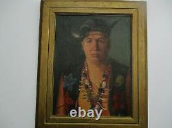 Vintage Antique Oil Painting Portrait Of A Native American Indian With Jewelry