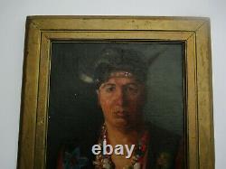 Vintage Antique Oil Painting Portrait Of A Native American Indian With Jewelry