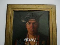 Vintage Antique Oil Painting Portrait Of A Native American Indian With Jewelry